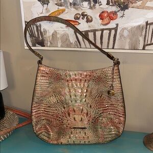 Brahmin Pink and Green Crocodile Embossed Shoulder Bag